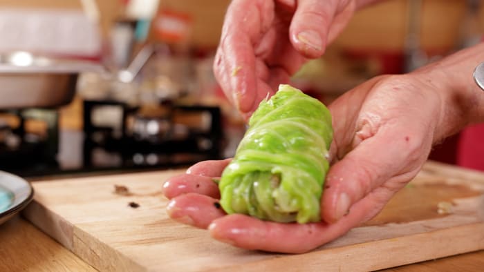 Feuille de chou verte roulée et tenue dans les mains