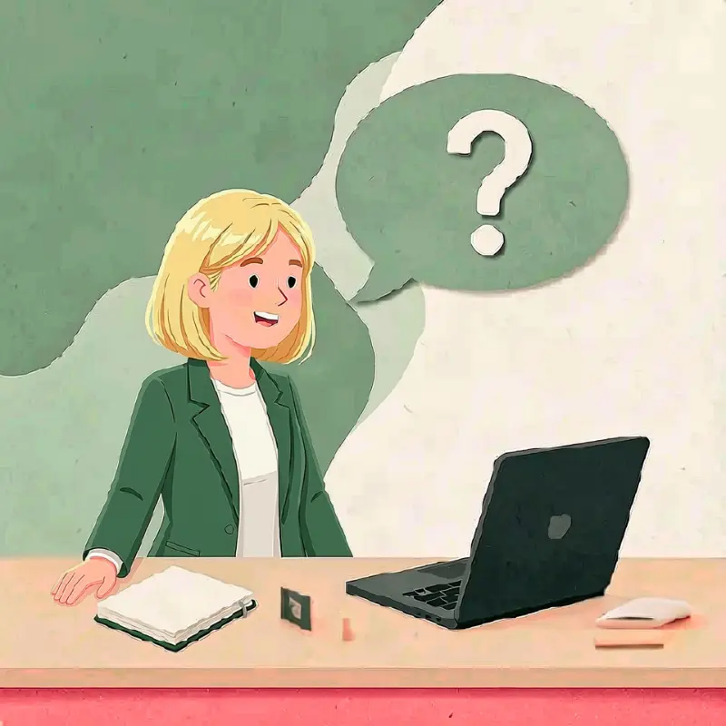 Illustration d’une femme devant un ordinateur avec une bulle contenant un point d’interrogation