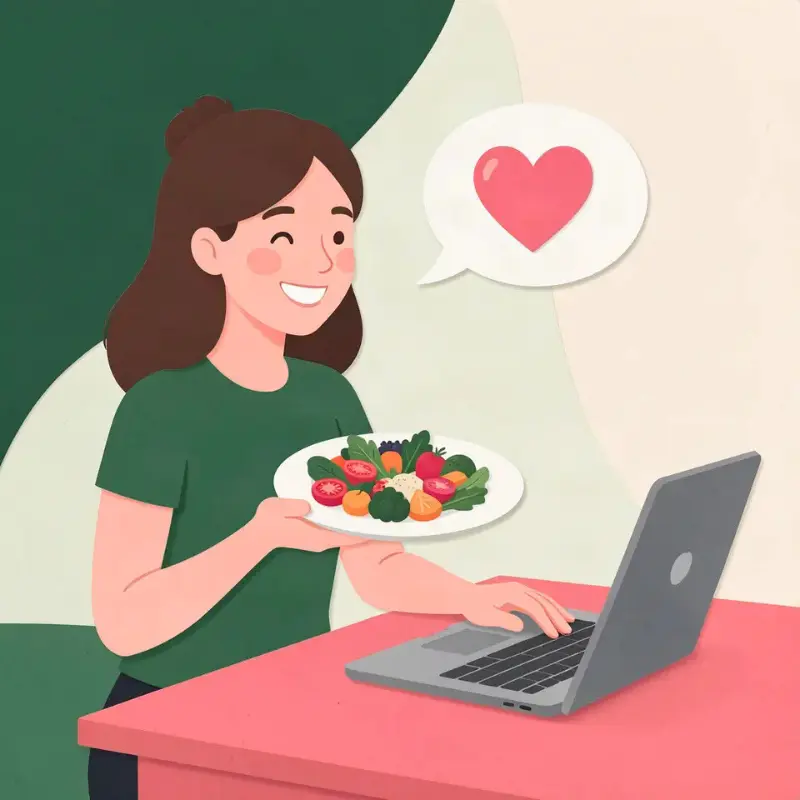Illustration d’une femme tenant une assiette devant un ordinateur avec une bulle contenant un cœur