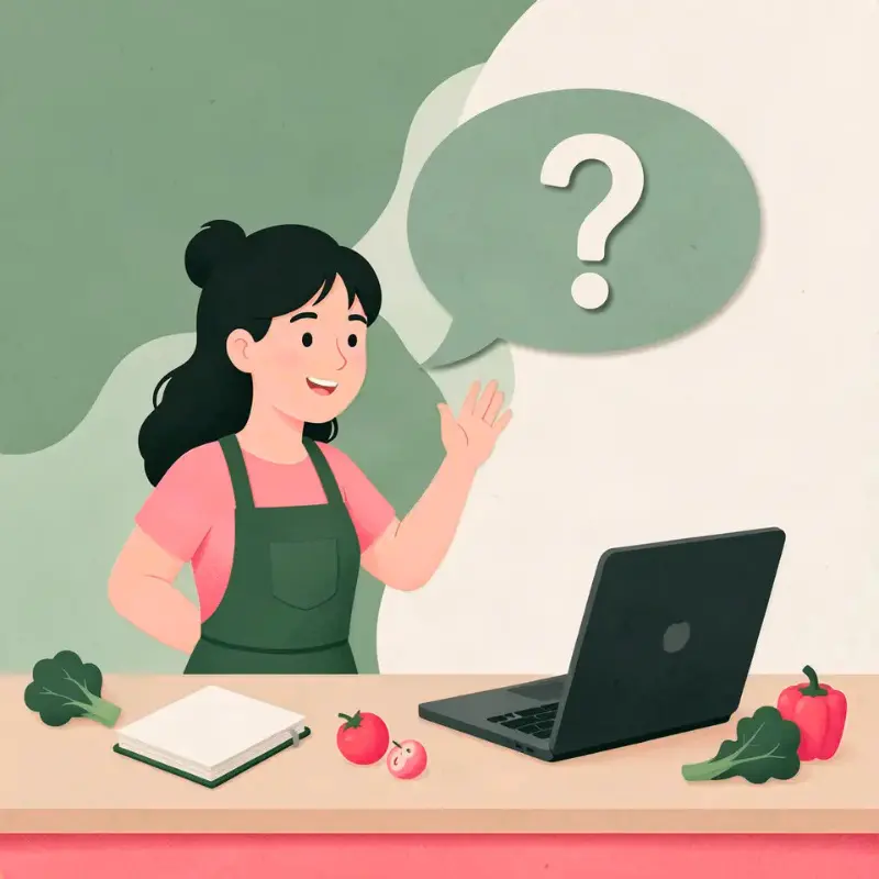 Illustration d’une femme en tablier devant un ordinateur avec une bulle contenant un point d’interrogation