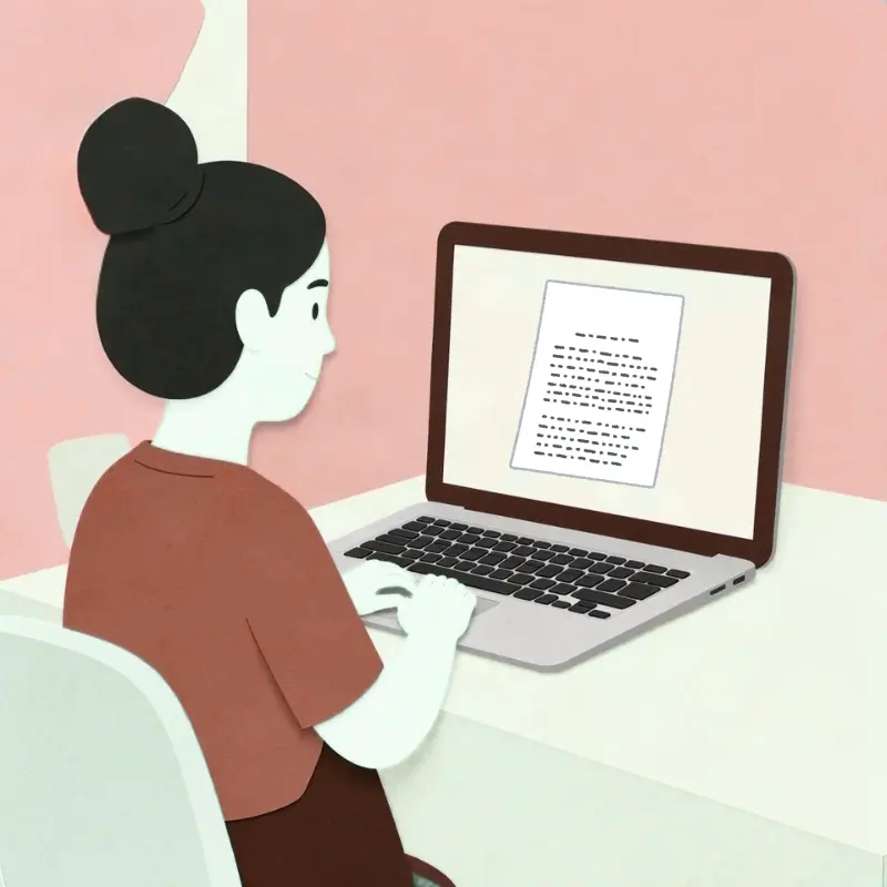 Illustration d’une personne devant un ordinateur affichant un document